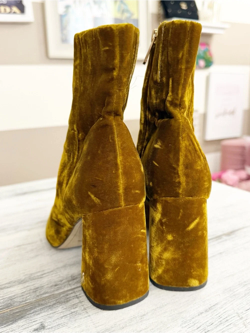 Sam Edelman Velvet Ankle Boots in Mustard Gold